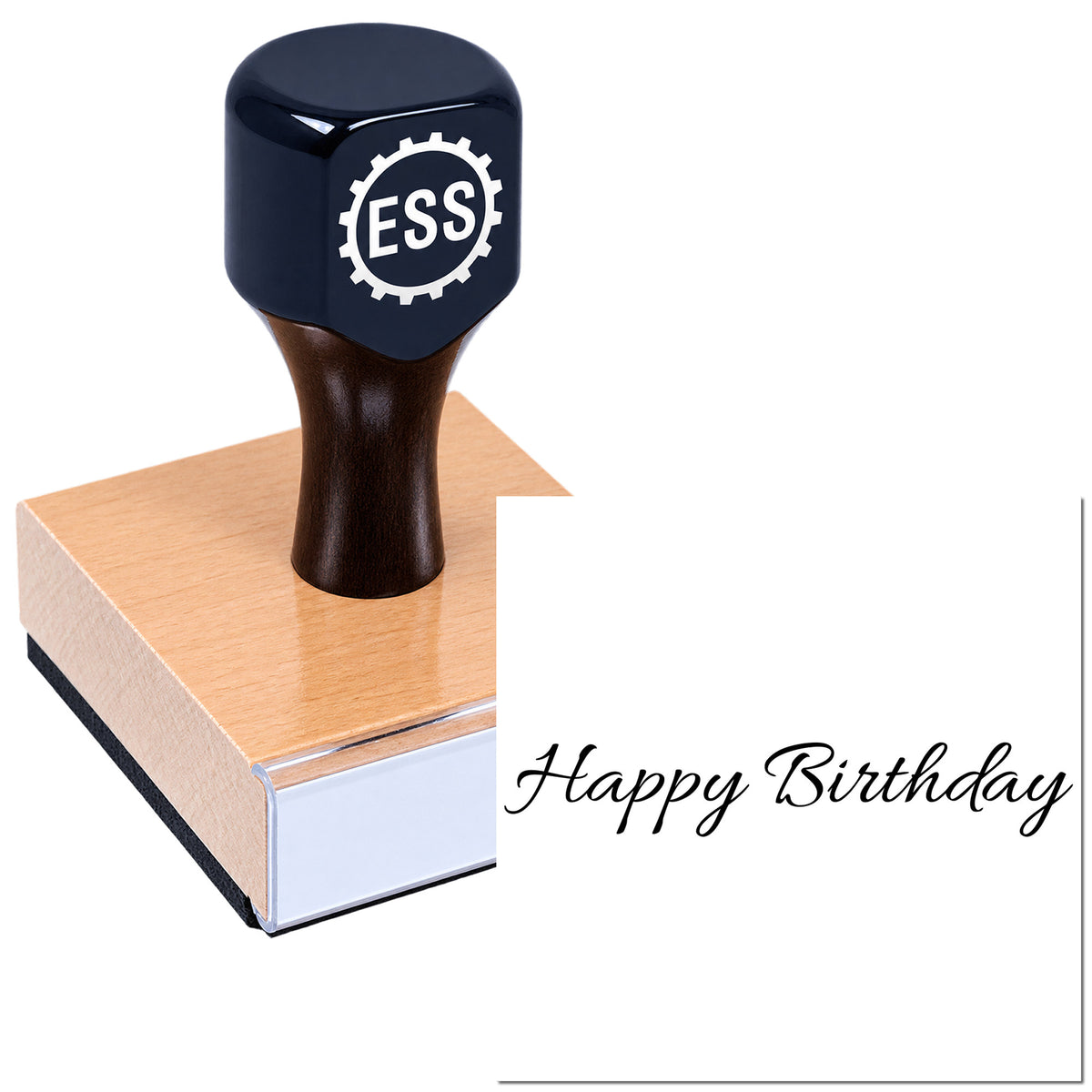 Navy ESS stamp and seal with copper block and black "Happy Birthday" script on white background.