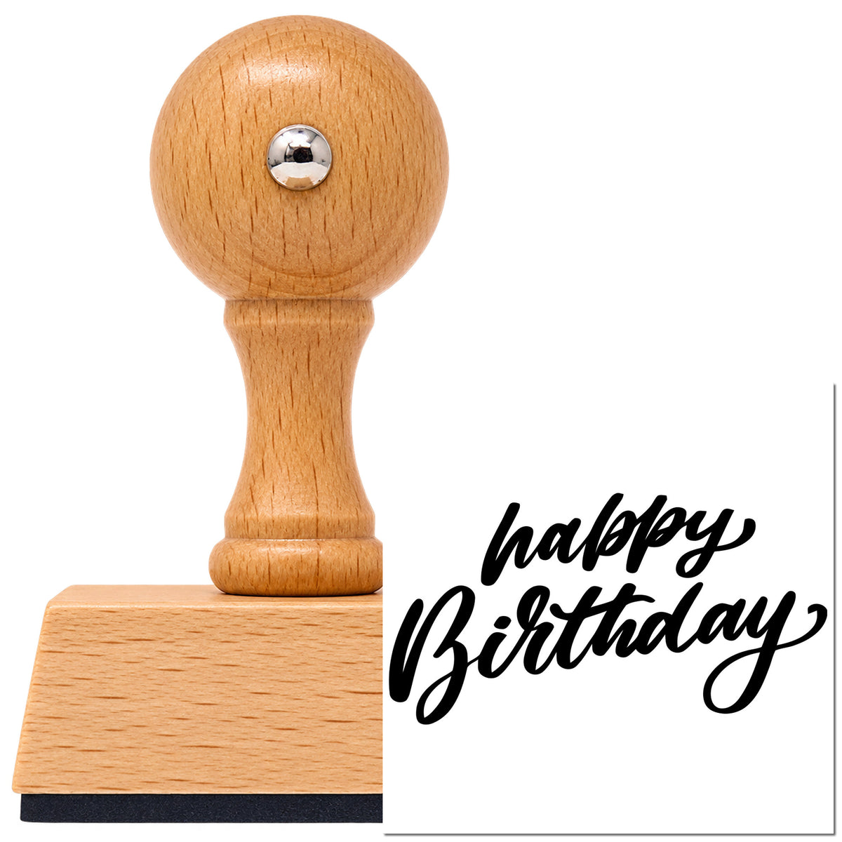 Vintage Pro beech wood stamp with a round knob handle, shown with its black Happy Birthday Slanted Brush Lettering imprint on white.