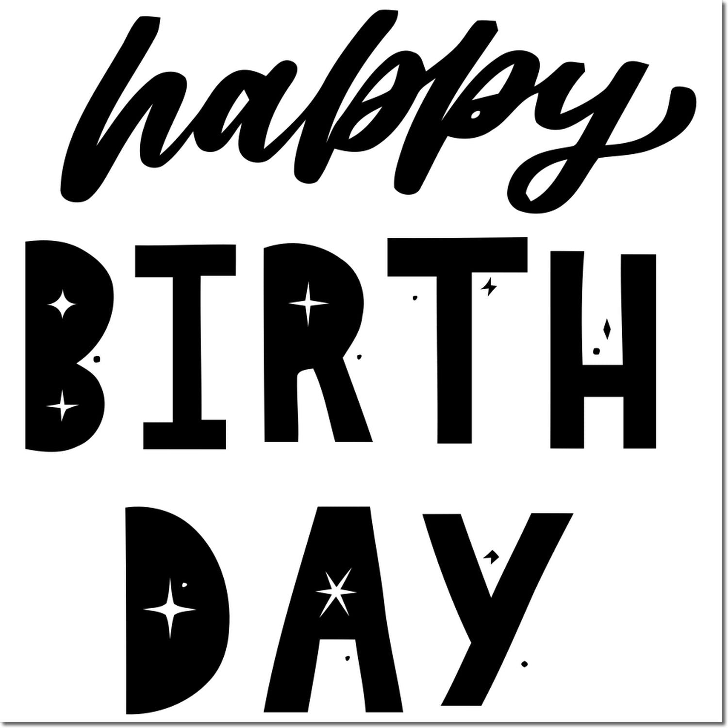 Black happy birthday stamp/seal design with sparkles on a white background