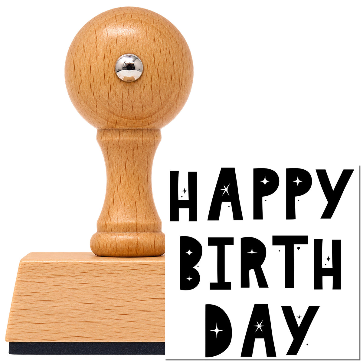 Vintage Pro beech wood stamp with a round knob handle, shown with its black Birthday Block Star Cutouts imprint on white.