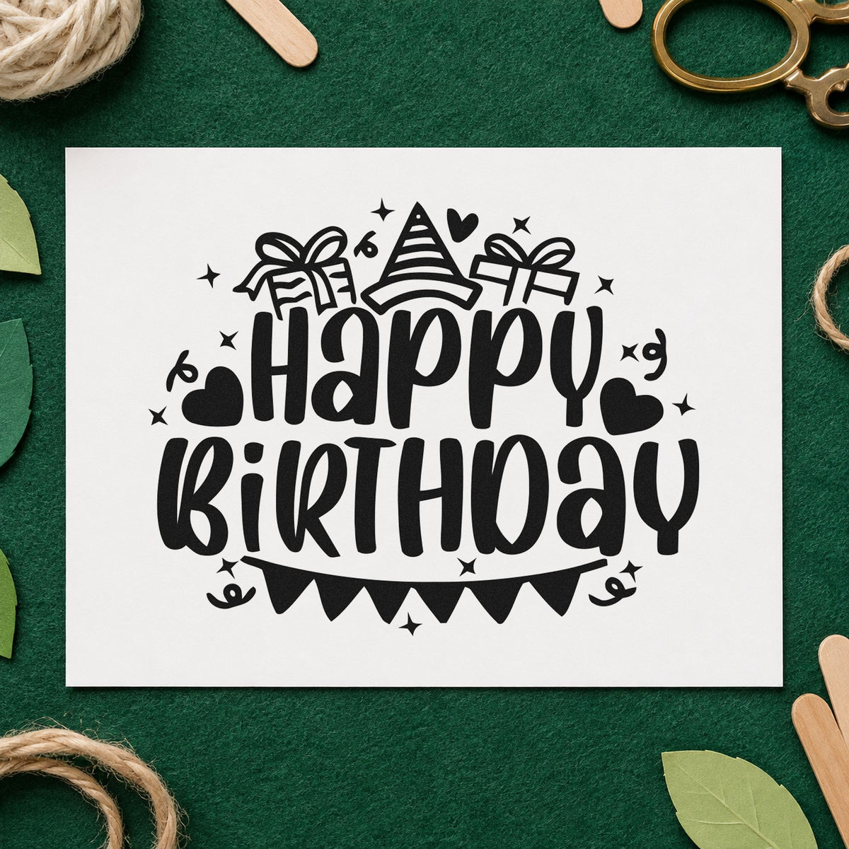 Birthday Gifts Hat Bunting rubber stamp printed in black ink, ready for loan record sheet and similar paper crafts.