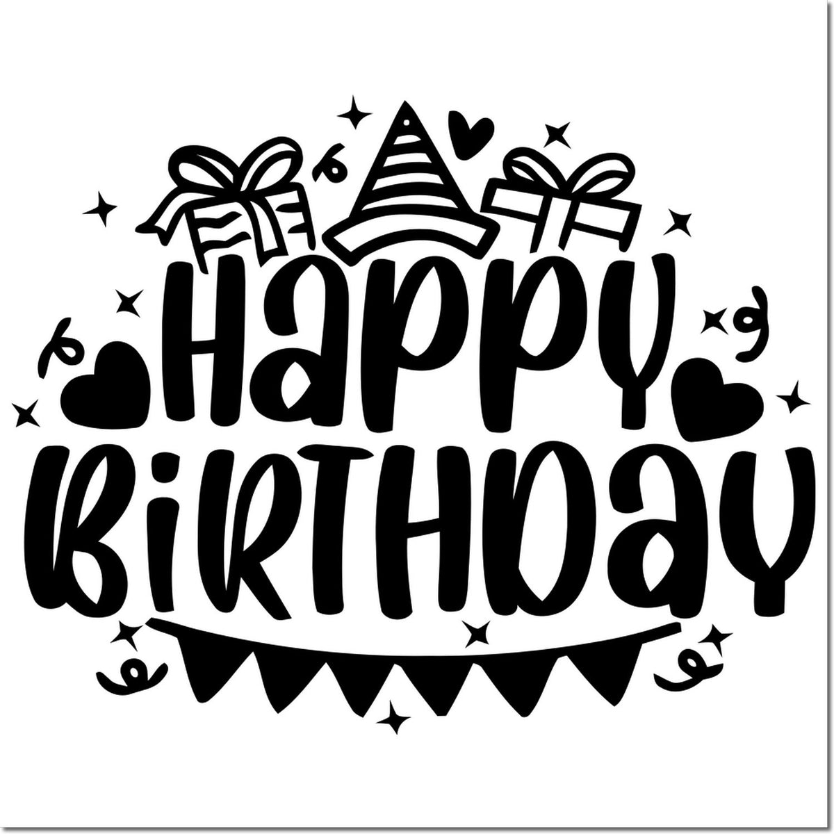 Black Happy Birthday stamp and seal design with party hat, gifts, hearts, stars and bunting.