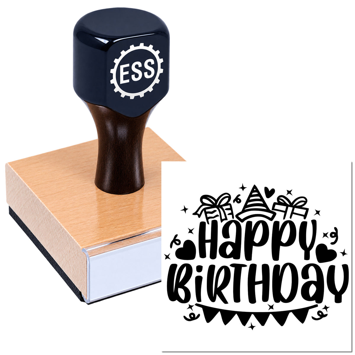 Navy blue ESS stamp on wooden block beside black Happy Birthday seal design with gifts, hearts, and bunting.
