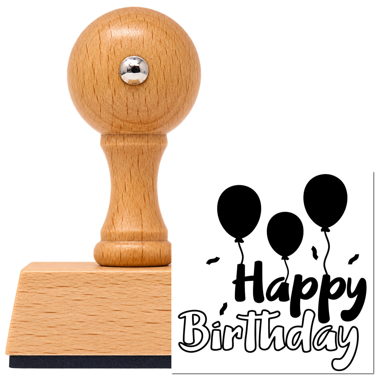 Vintage Pro beech wood stamp with a round knob handle, shown with its black Birthday Three Solid Balloons Outline Detail imprint on white.