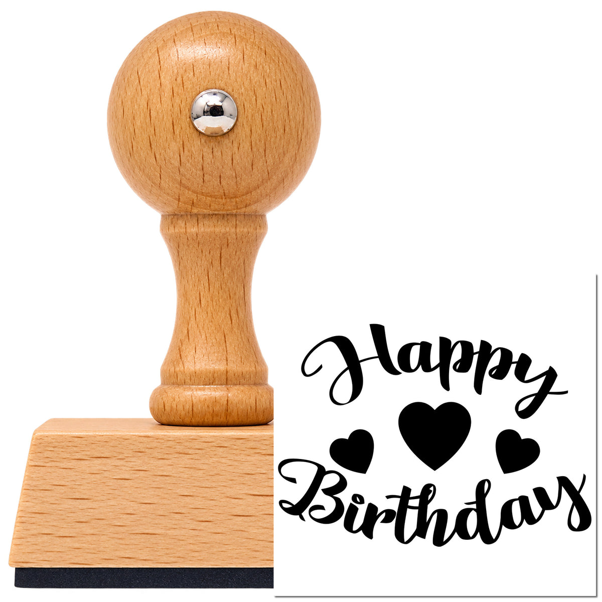 Vintage Pro beech wood stamp with a round knob handle, shown with its black Three Hearts Birthday Greeting imprint on white.