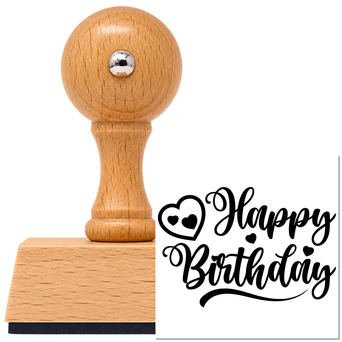 Vintage Pro beech wood stamp with a round knob handle, shown with its black Curled Heart With Happy Birthday Lettering imprint on white.