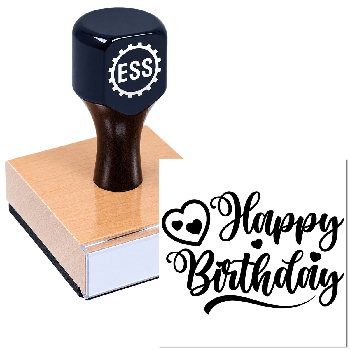 Black ESS stamp seal on pink wooden block, with "Happy Birthday" script and heart accents in black.
