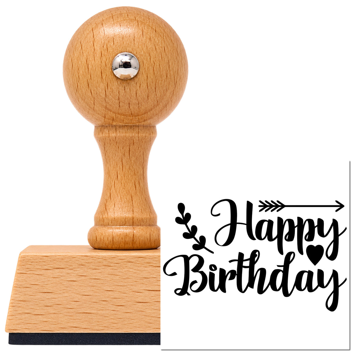 Vintage Pro beech wood stamp with a round knob handle, shown with its black Birthday Arrow Leaf Hearts imprint on white.