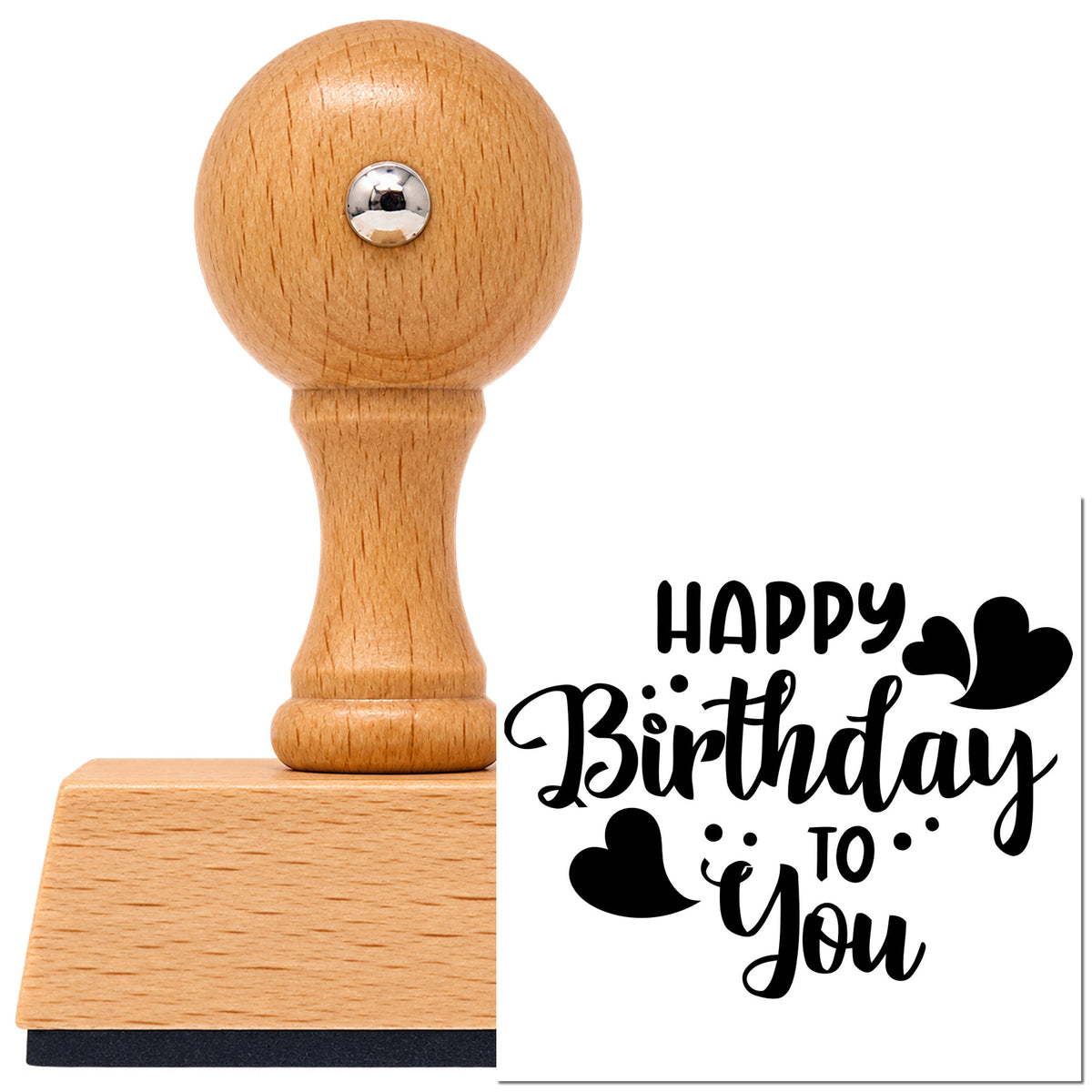 Vintage Pro beech wood stamp with a round knob handle, shown with its black Heart-Dotted Birthday Wishes To You imprint on white.