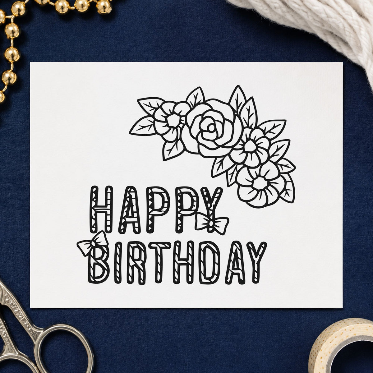 Floral Happy Birthday Butterflies rubber stamp printed in black ink, ready for visit plan sheet and similar paper crafts.