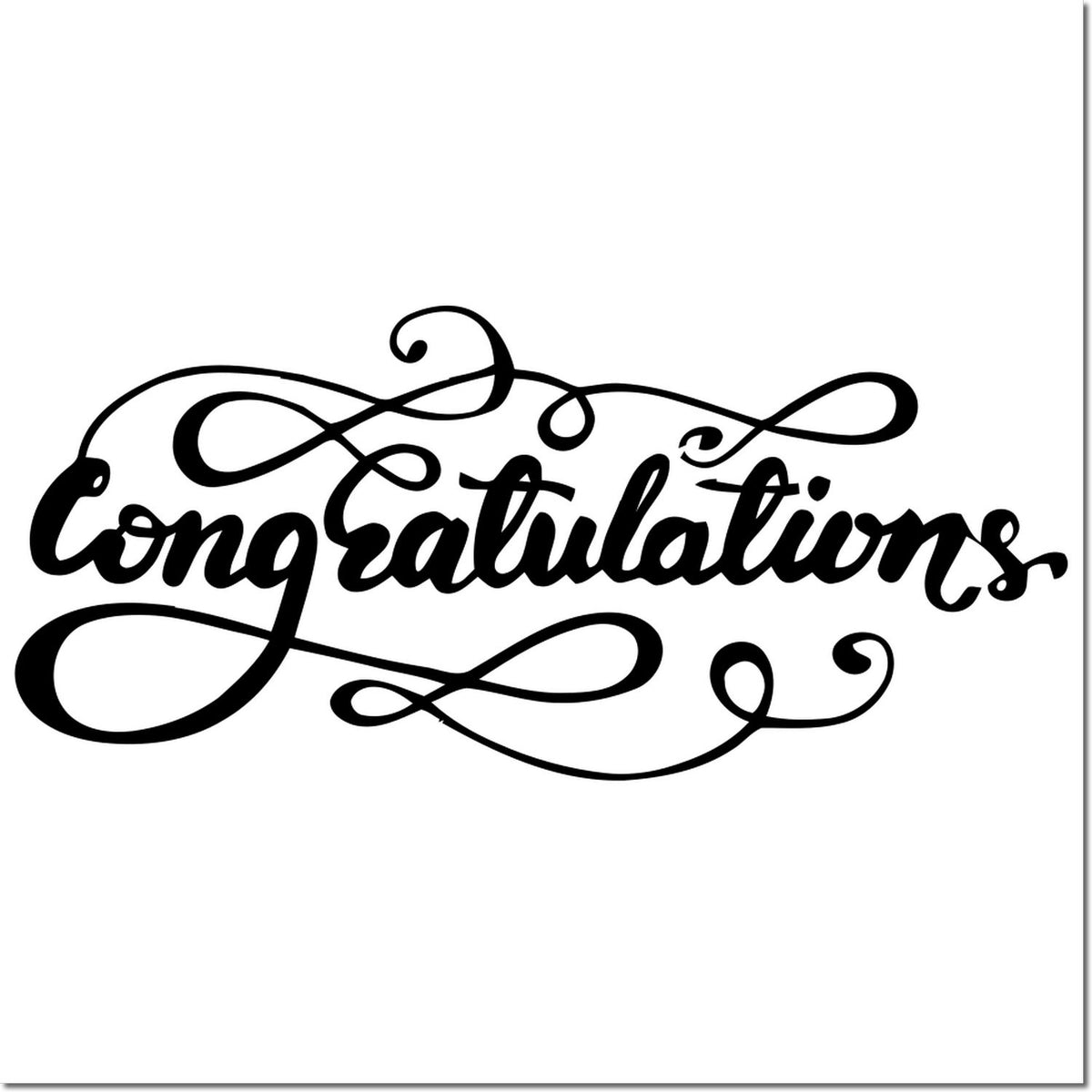 Black ornate congratulations stamp and seal design with decorative swirls on a white background.