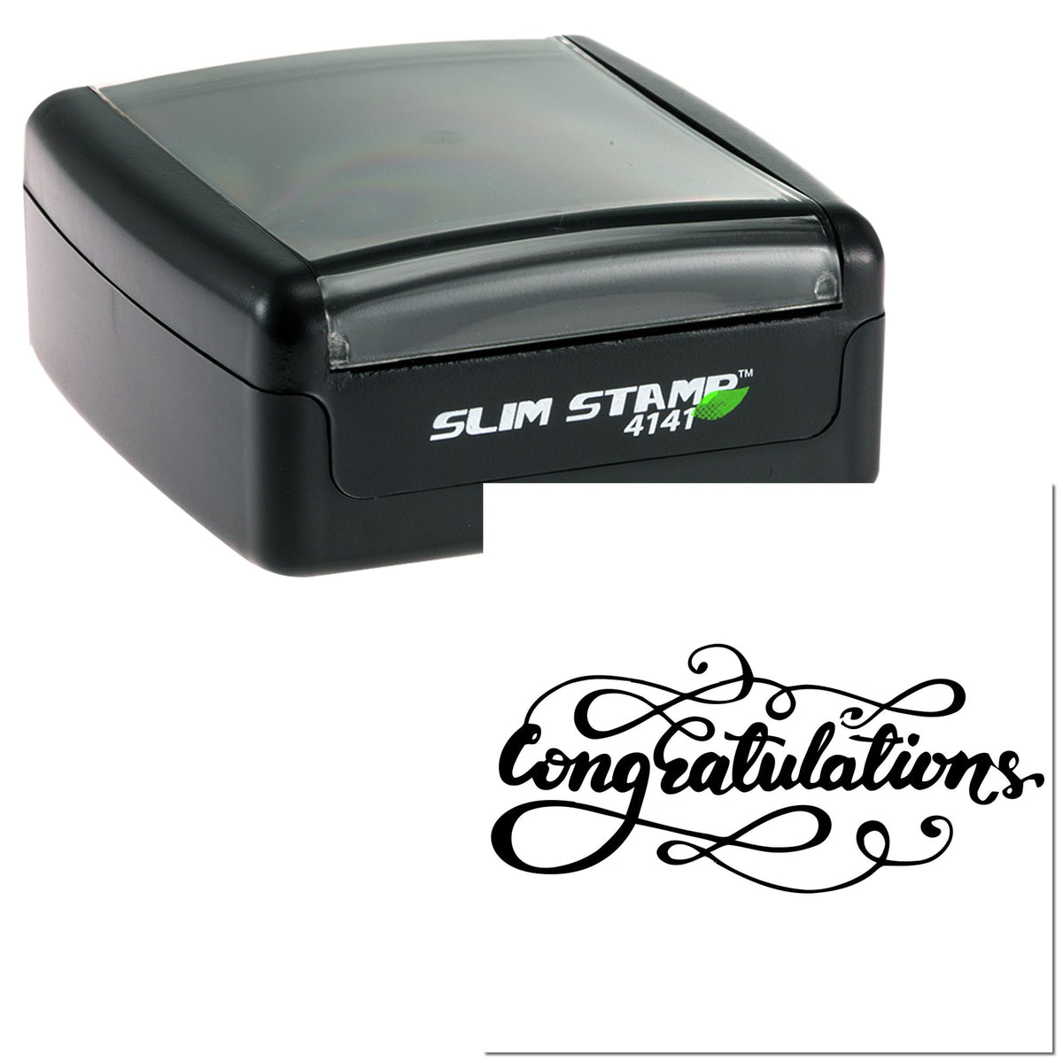Black Slim Stamp 4141 with clear cover and ornate black congratulations seal on white background.