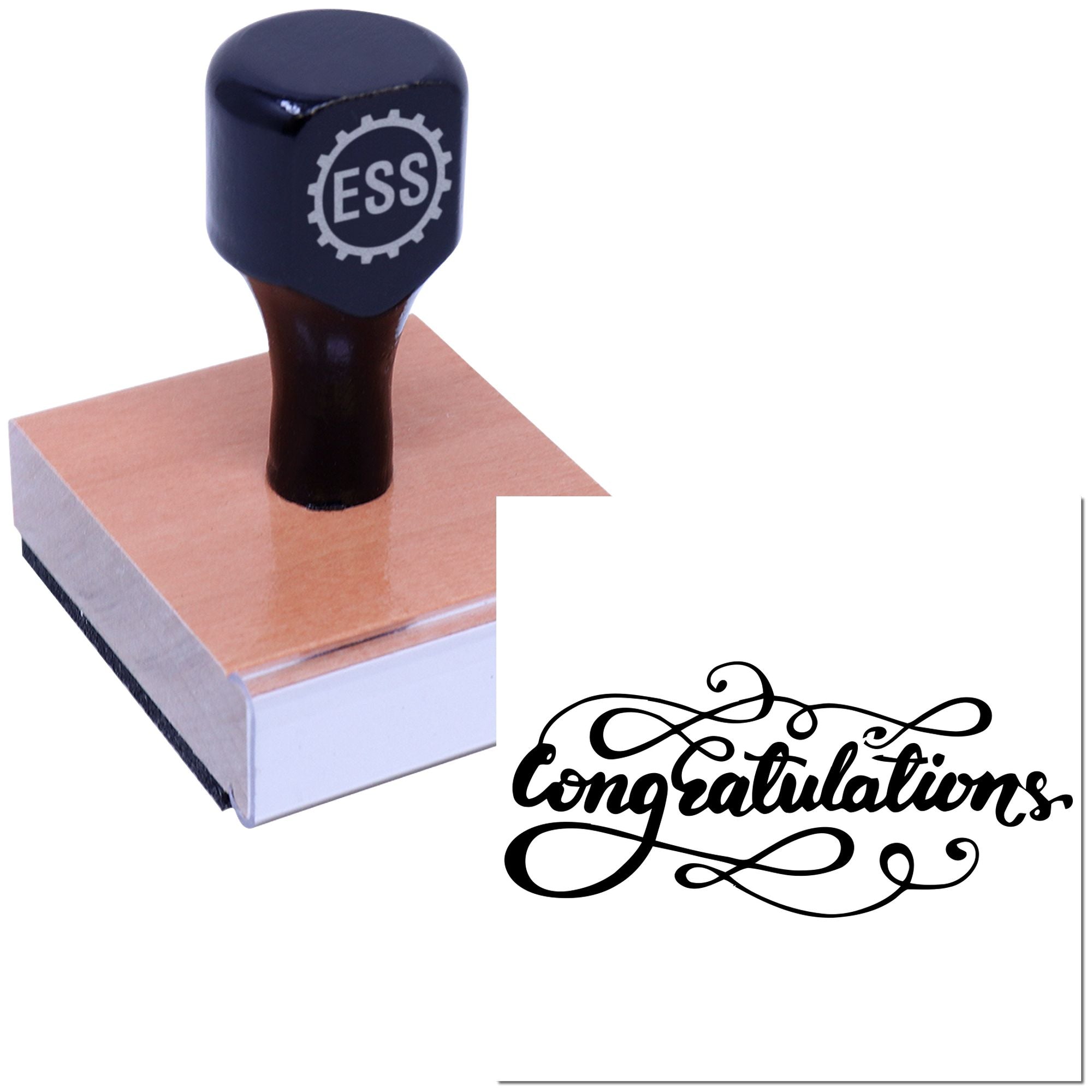 Dark blue ESS rubber stamp on wooden block with elegant black Congratulations seal design