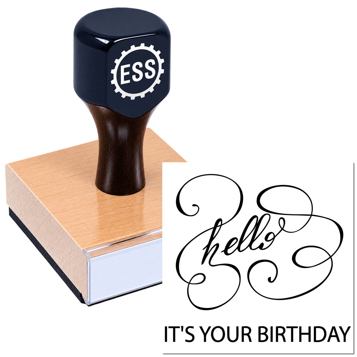 Dark blue custom stamp and seal on a wooden block, featuring a scripted "hello" and "IT'S YOUR BIRTHDAY" design.