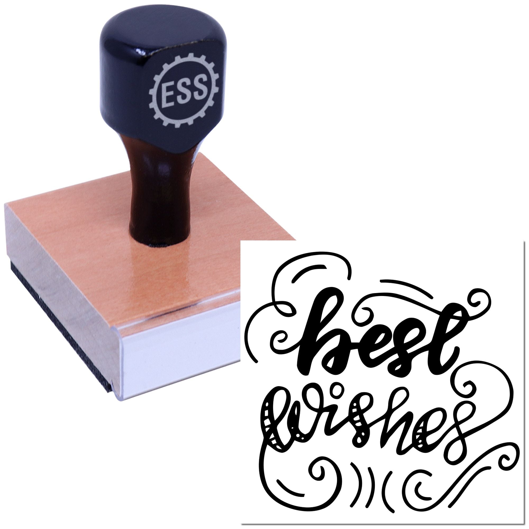 Black custom stamp with ESS seal on a peach base, beside an ornate black best wishes seal design.