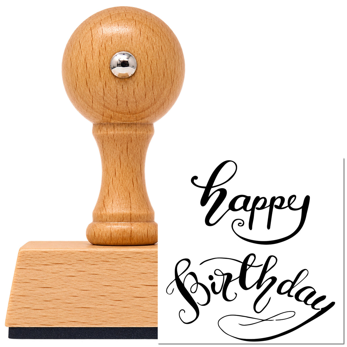 Vintage Pro beech wood stamp with a round knob handle, shown with its black Happy Birthday Curved Script imprint on white.