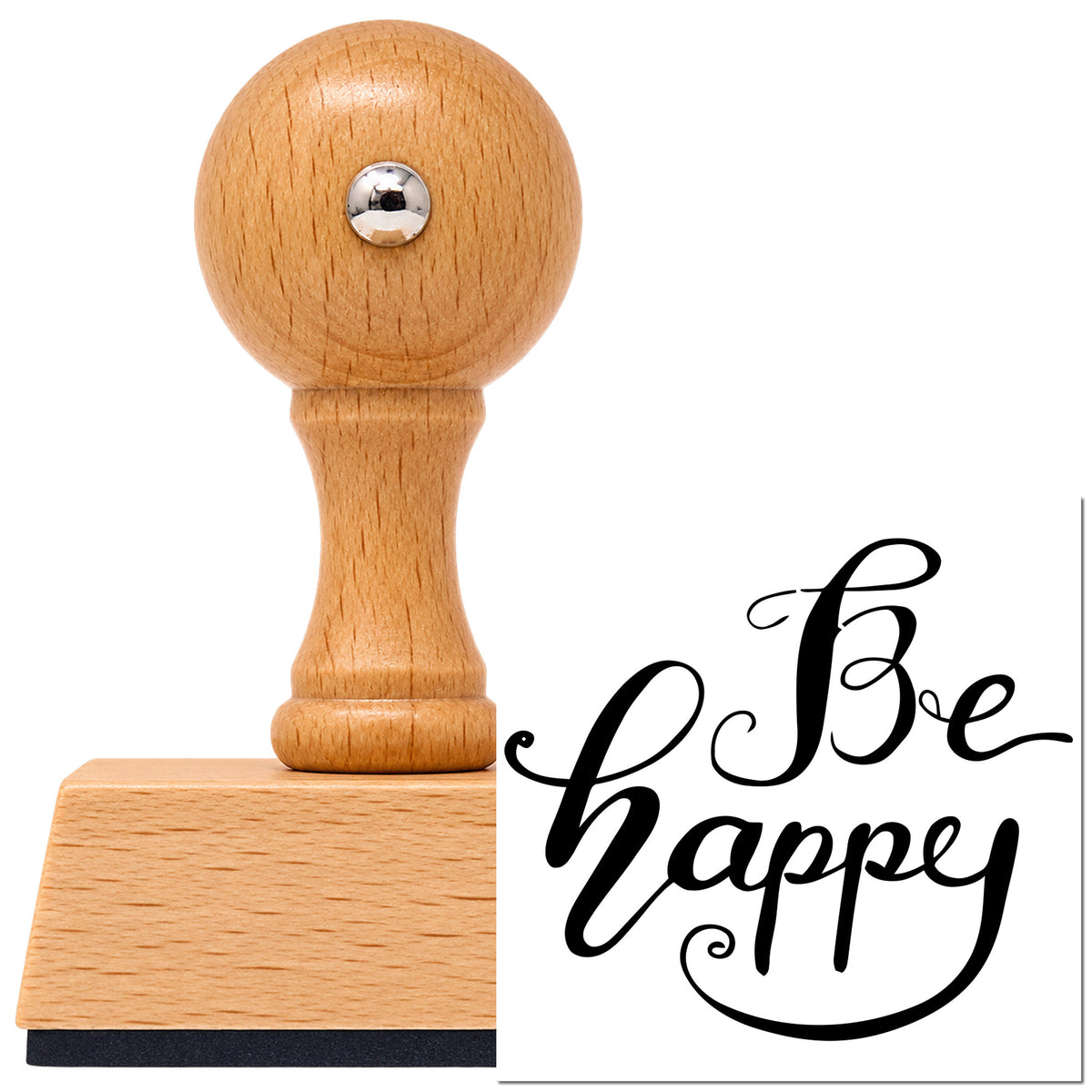 Vintage Pro beech wood stamp with a round knob handle, shown with its black Be Happy Flowing Script Lettering imprint on white.