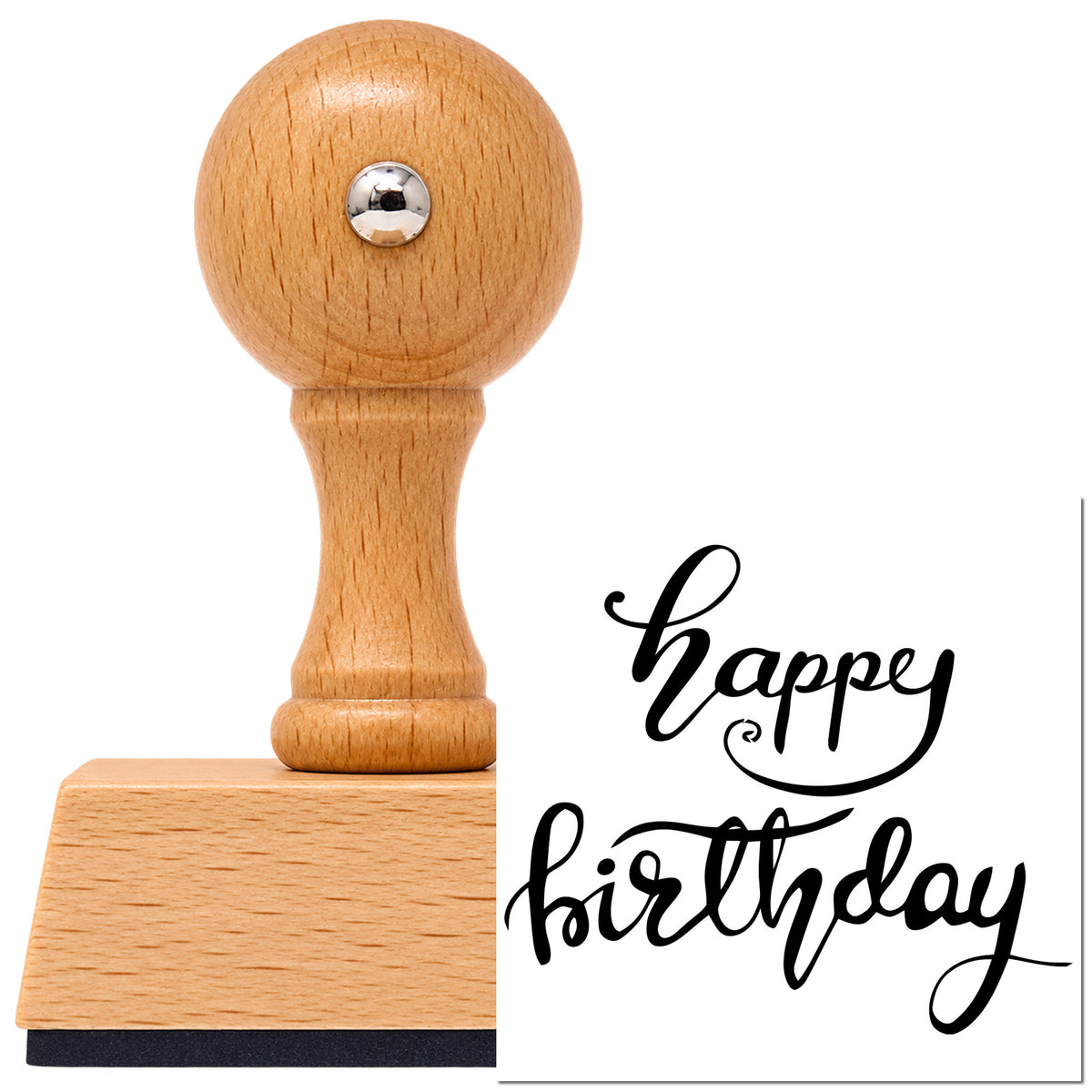 Vintage Pro beech wood stamp with a round knob handle, shown with its black Happy Birthday Fine Flourishes imprint on white.