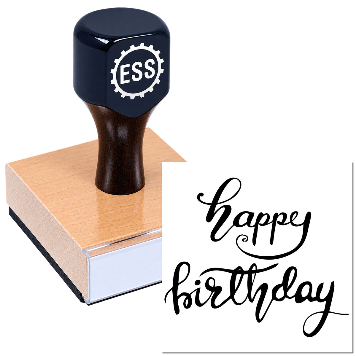 Custom navy ESSI seal stamp on wooden block with black "happy birthday" calligraphy imprint.