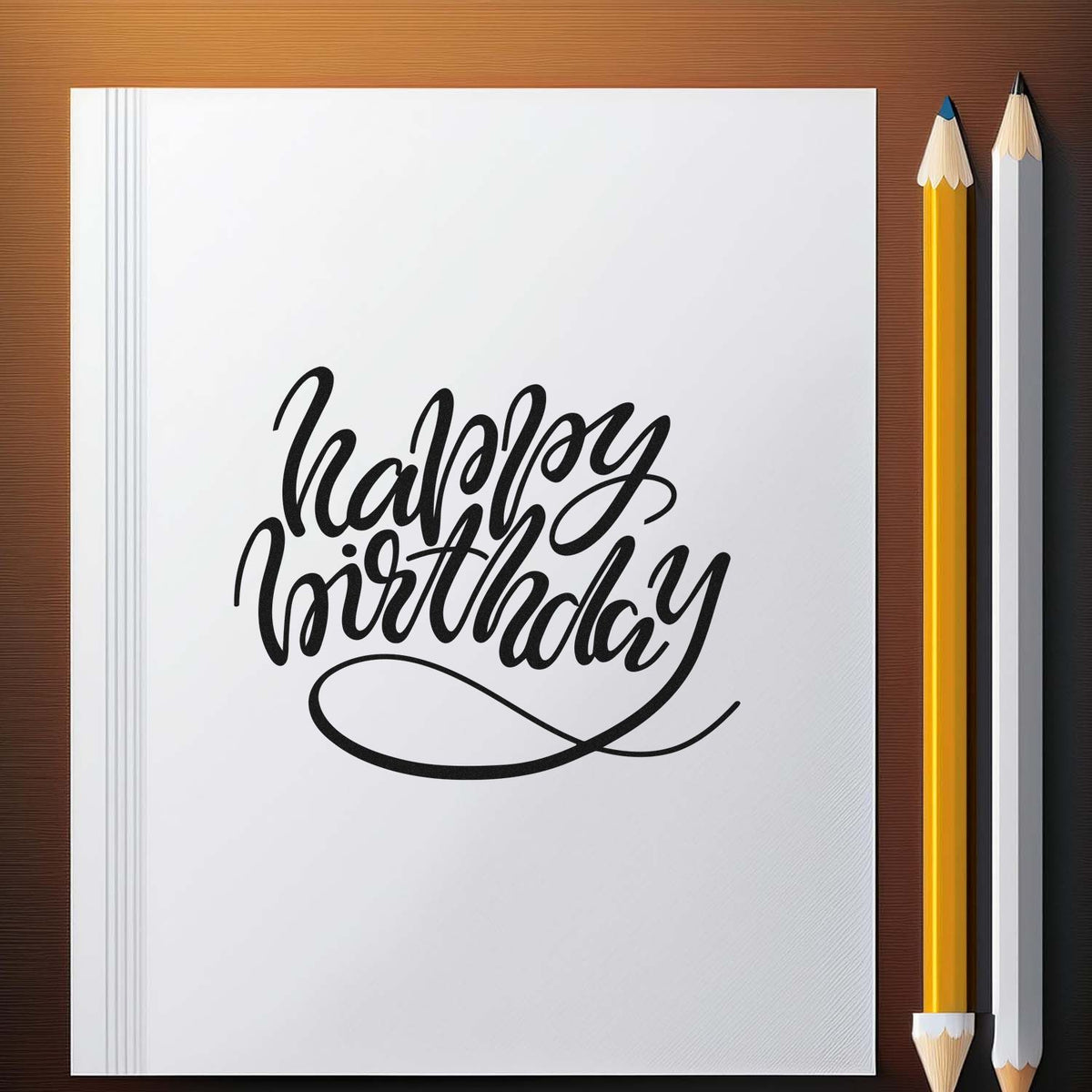 Black happy birthday script stamp and seal design on a white notebook, with yellow and white pencils on a brown desk.