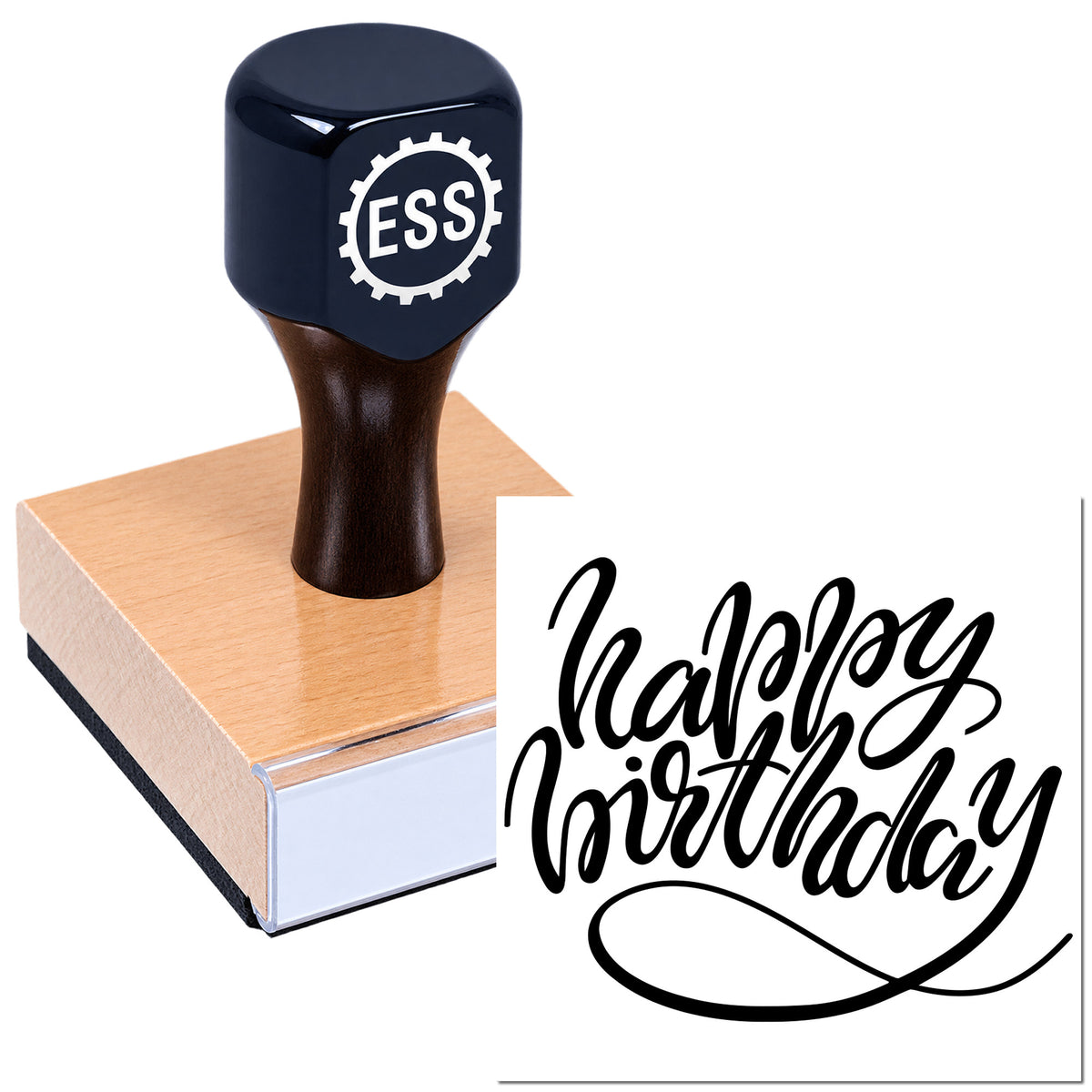 Navy ESS stamp seal on pink block with black "Happy Birthday" calligraphy impression