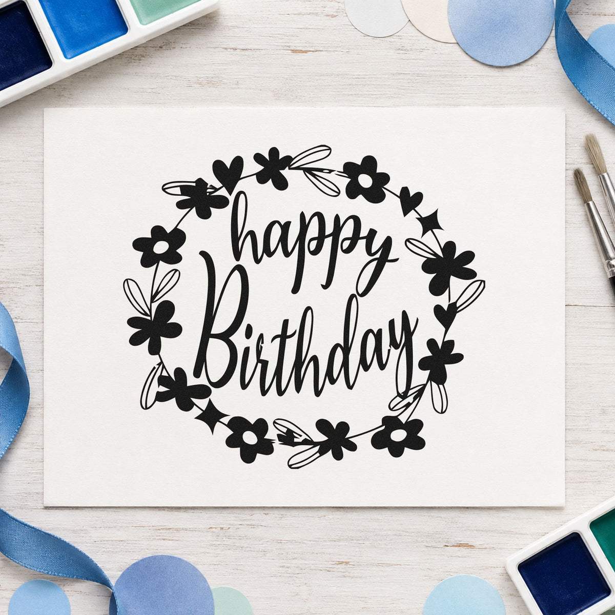 Birthday Flower Heart Wreath craft stamp imprint in black ink on a handmade project, one idea being bloom bundle tags.