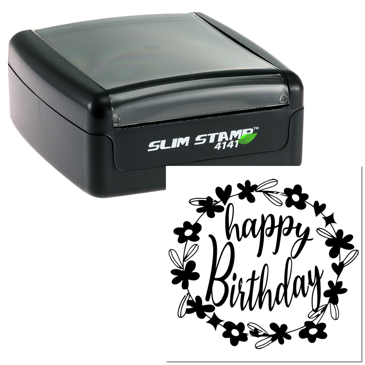 Black Slim Stamp 4141 self-inking stamp and seal with floral wreath and Happy Birthday design on white.