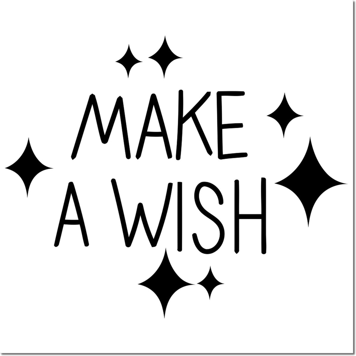Black MAKE A WISH stamp design with sparkly star accents on a white background for seal or stamp products.