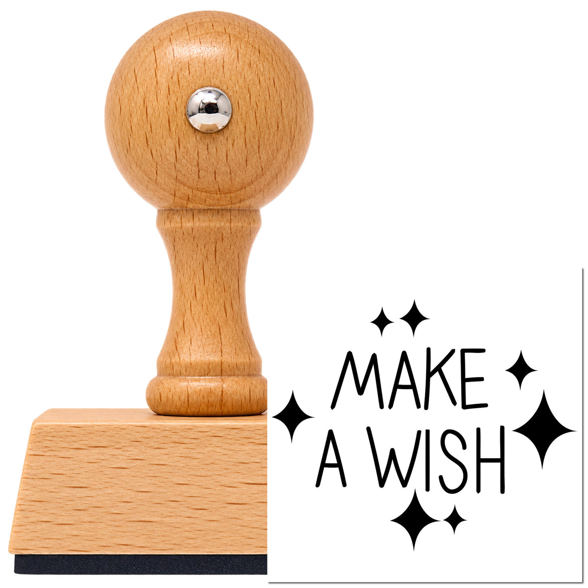 Vintage Pro beech wood stamp with a round knob handle, shown with its black Make A Wish imprint on white.