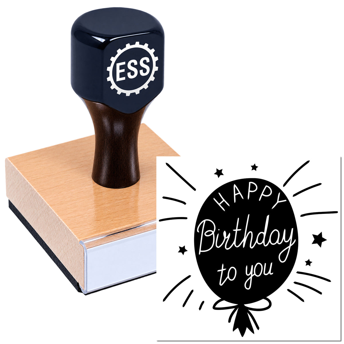 Navy ESS self-inking stamp and seal on tan block with black Happy Birthday balloon design