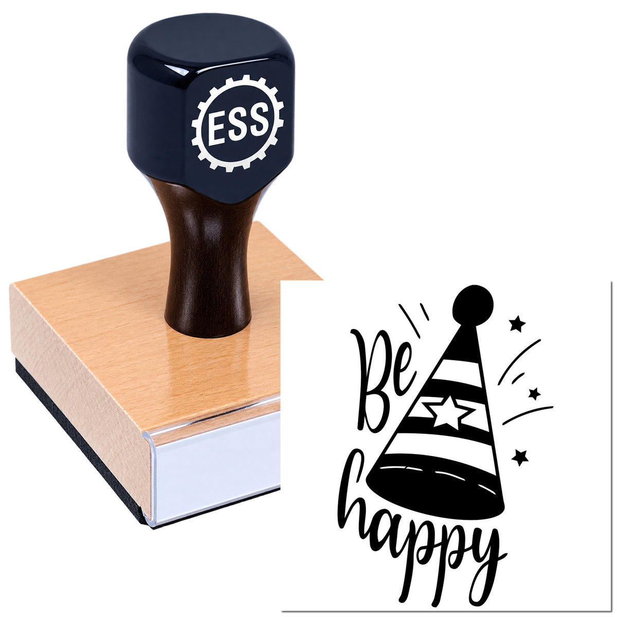 Navy self-inking rubber stamp on wooden block, creating a black "Be happy" party-hat seal design.