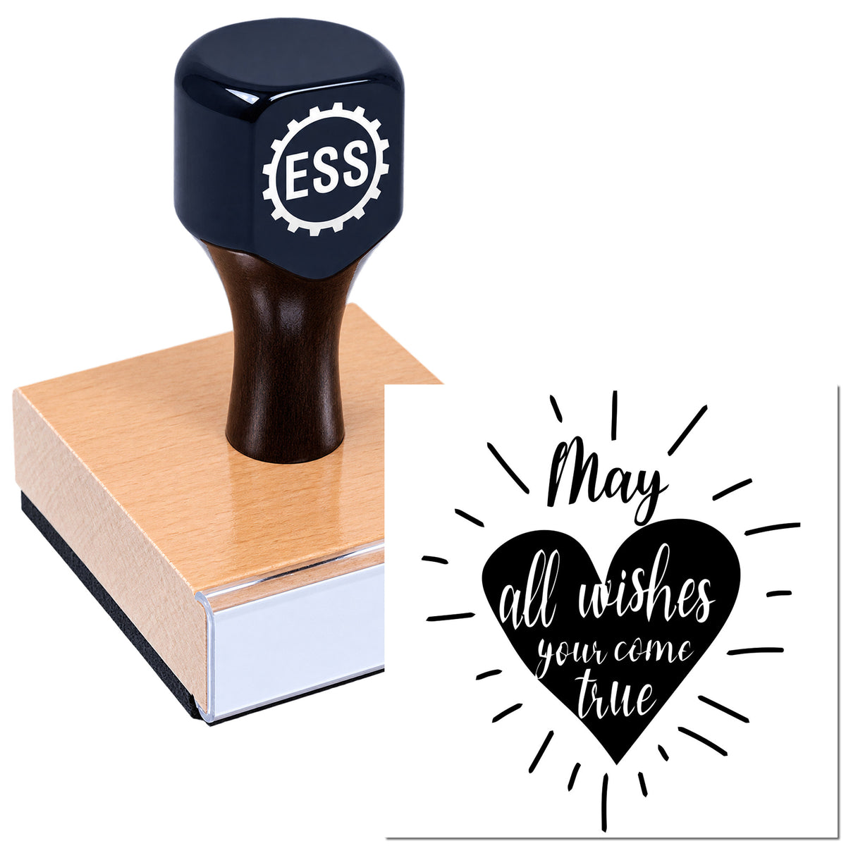 Black ESS stamp and seal on a pink wooden block with "May all wishes come true" heart design