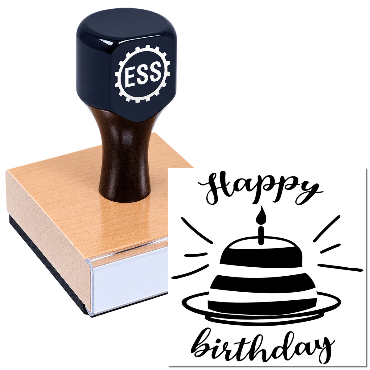 Black ESS rubber stamp on copper-colored block with happy birthday seal design on white background.
