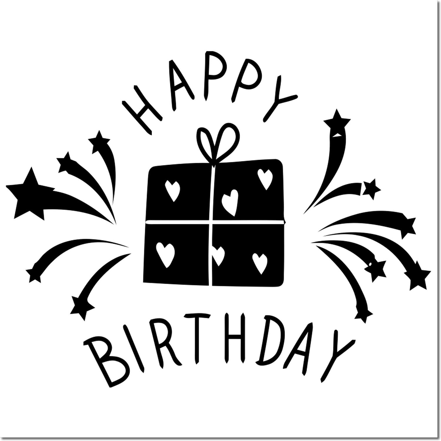 Black Happy Birthday stamp/seal design with gift box, hearts, and starburst fireworks on a white background.