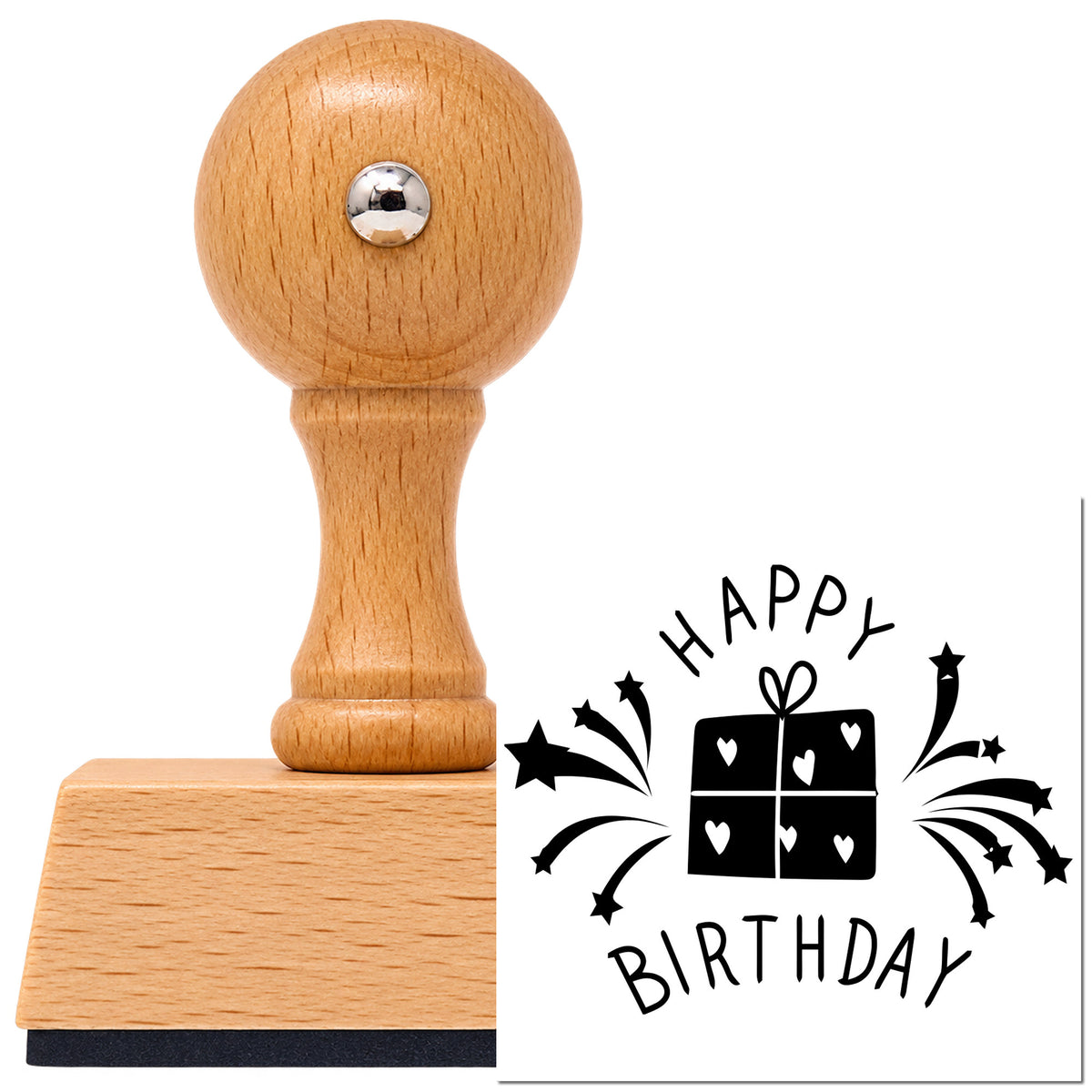Vintage Pro beech wood stamp with a round knob handle, shown with its black Birthday Heart Gift Fireworks imprint on white.