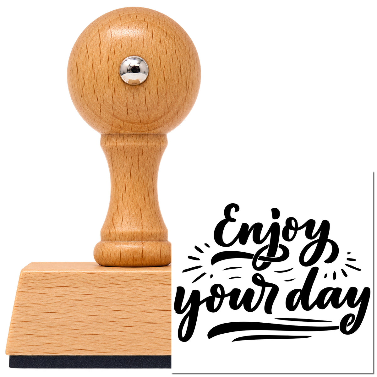 Vintage Pro beech wood stamp with a round knob handle, shown with its black Enjoy Your Day imprint on white.