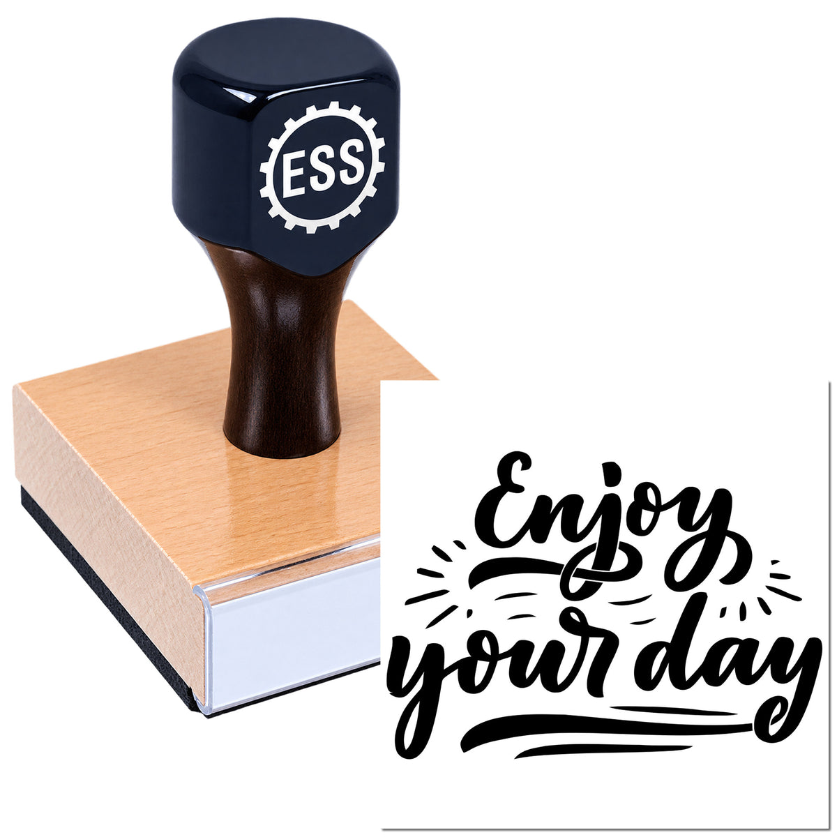 Dark blue custom stamp and seal on a pink pad, featuring an "Enjoy your day" script design.