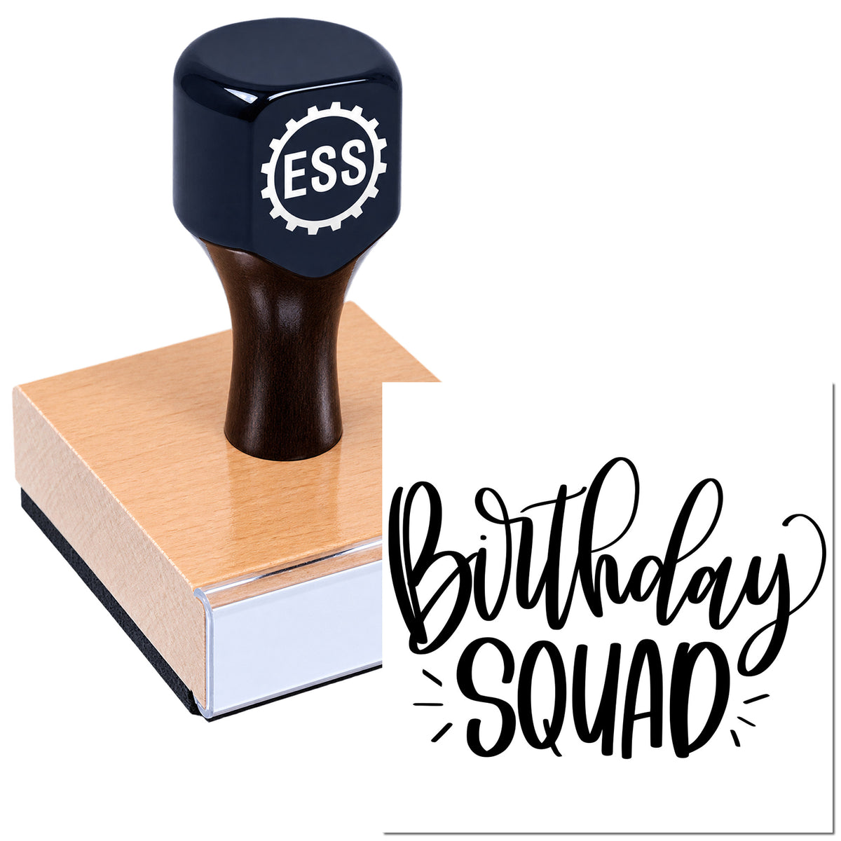 Black rubber stamp with ESS logo on a wooden block, paired with a bold black "Birthday Squad" seal design.