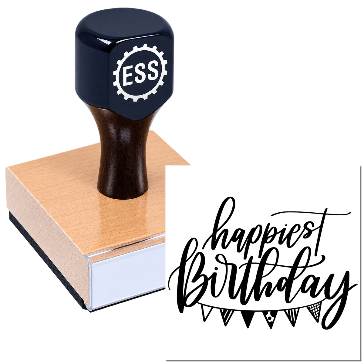 Navy custom stamp with wooden base and black "happiest birthday" seal design.