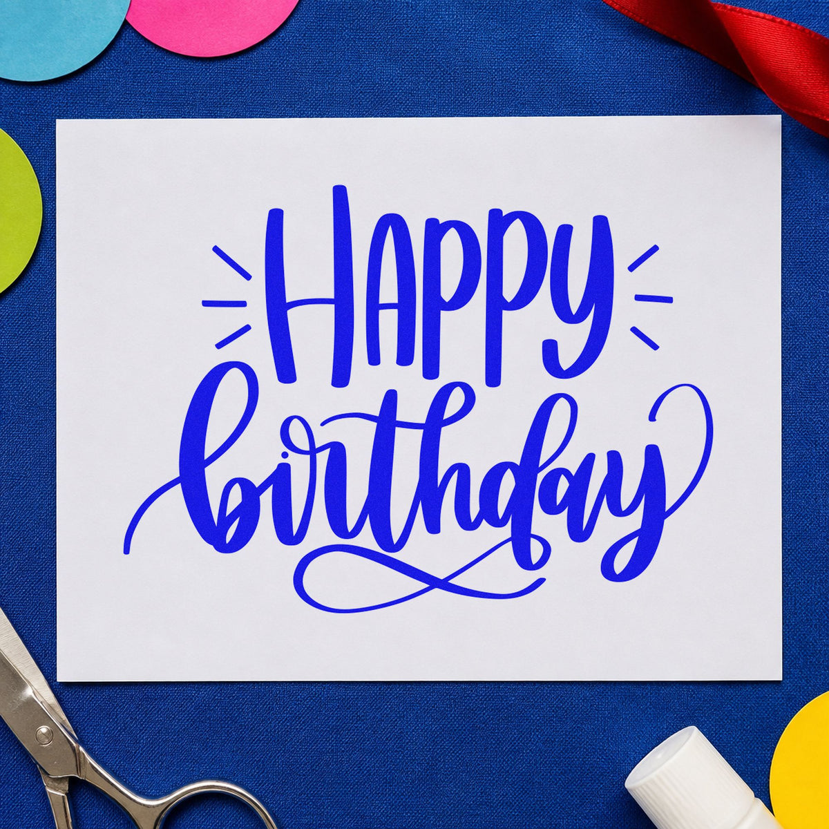 Happy Birthday Loop Flourish craft stamp in blue ink on cardstock, an easy option for bar front printing.