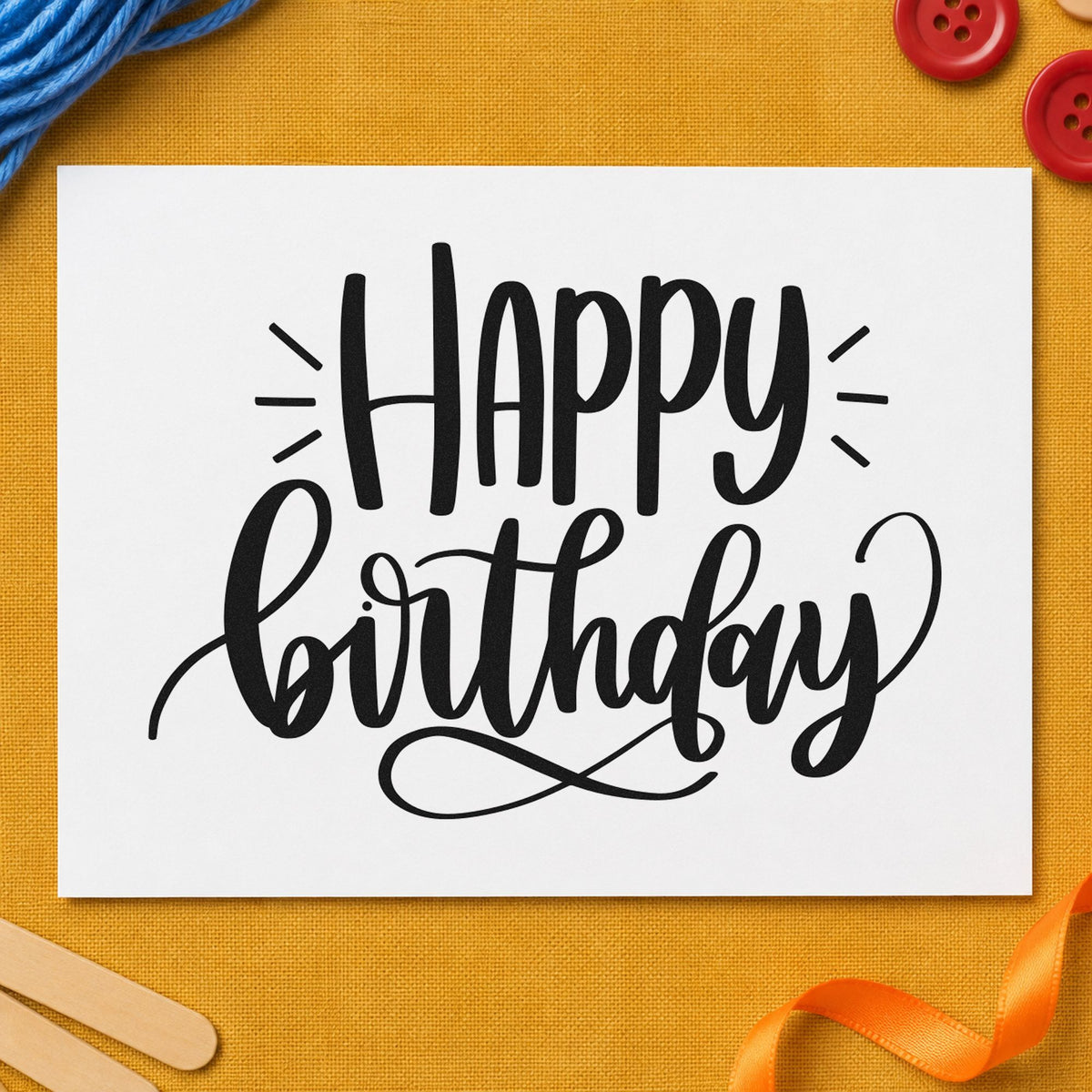 Happy Birthday Loop Flourish rubber stamp printed in black ink, ready for side ray cards and similar paper crafts.