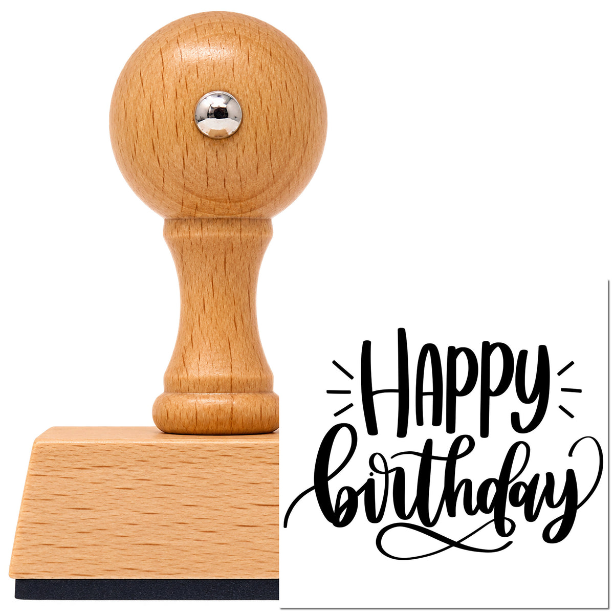 Vintage Pro beech wood stamp with a round knob handle, shown with its black Happy Birthday Loop Flourish imprint on white.