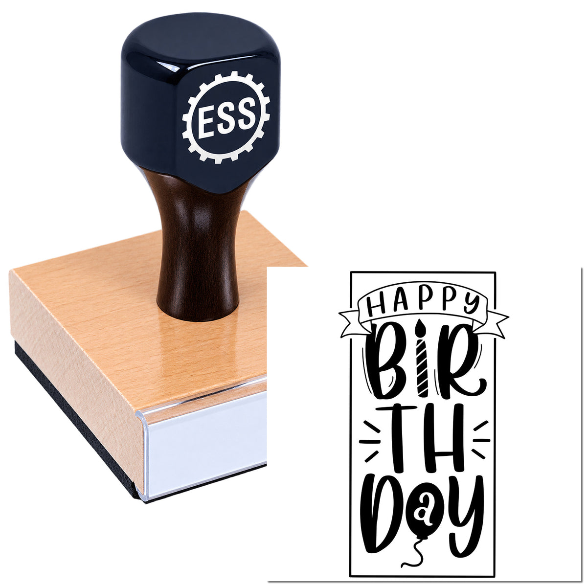 Black ESS stamp on pink seal block with Happy Birthday TH Day design