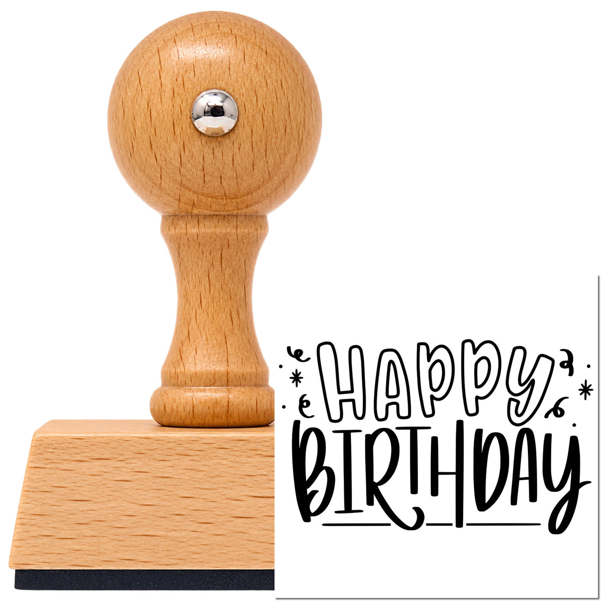 Vintage Pro beech wood stamp with a round knob handle, shown with its black Outlined Happy Birthday Confetti With Stars imprint on white.
