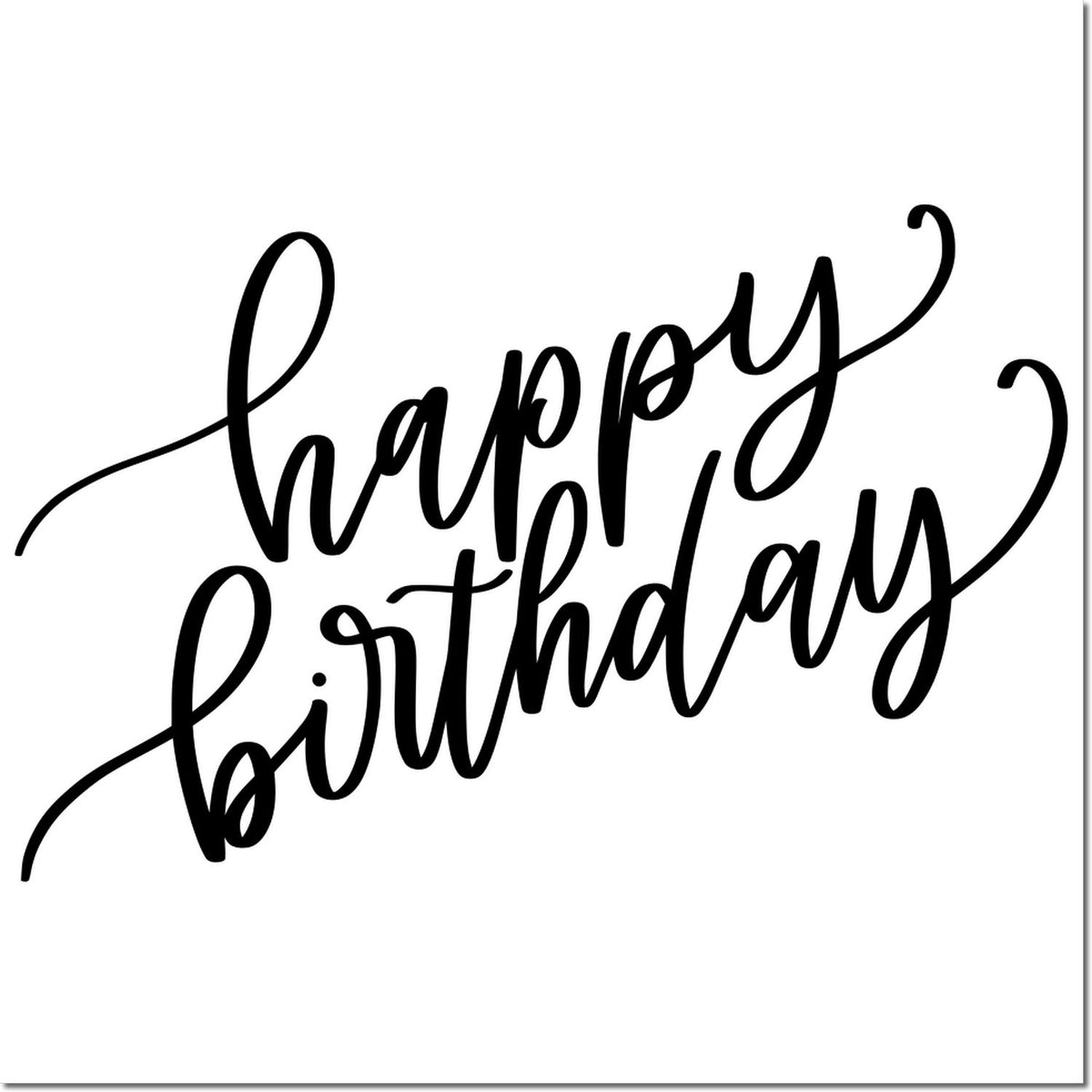 Black cursive happy birthday stamp design on white background with elegant script and sweeping swashes.