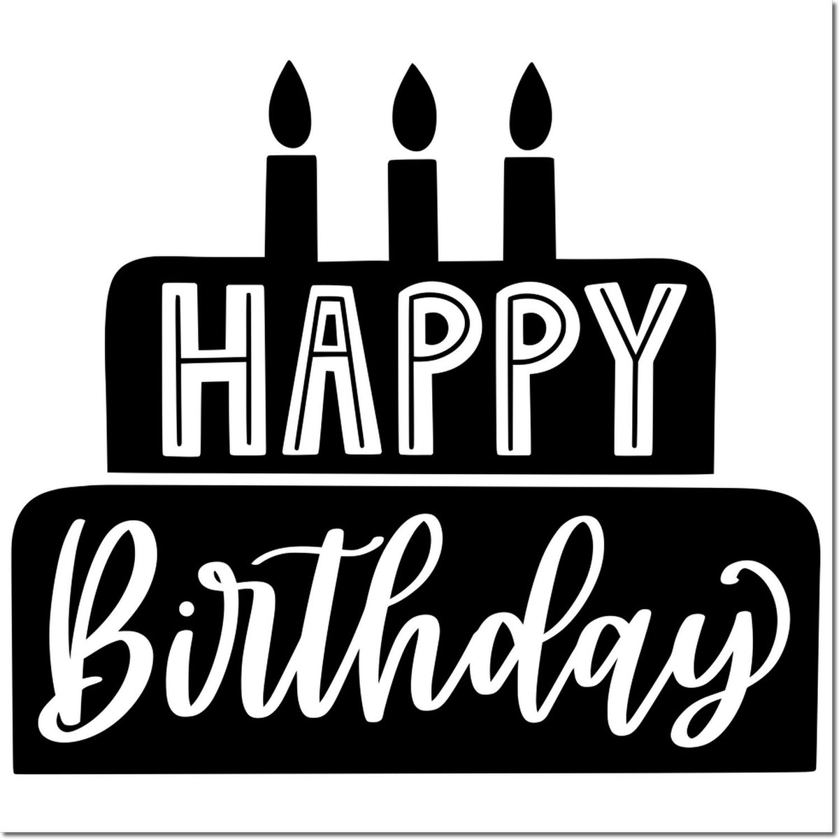 Black and white birthday stamp and seal design with three candle icons and bold HAPPY Birthday lettering.