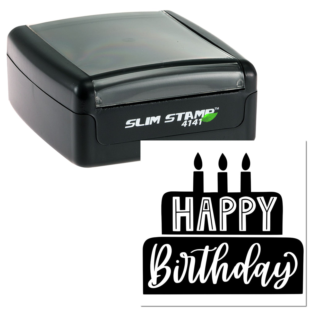 Black and gray Slim Stamp 4141 with matching seal design reading HAPPY Birthday in white script and candle icons.