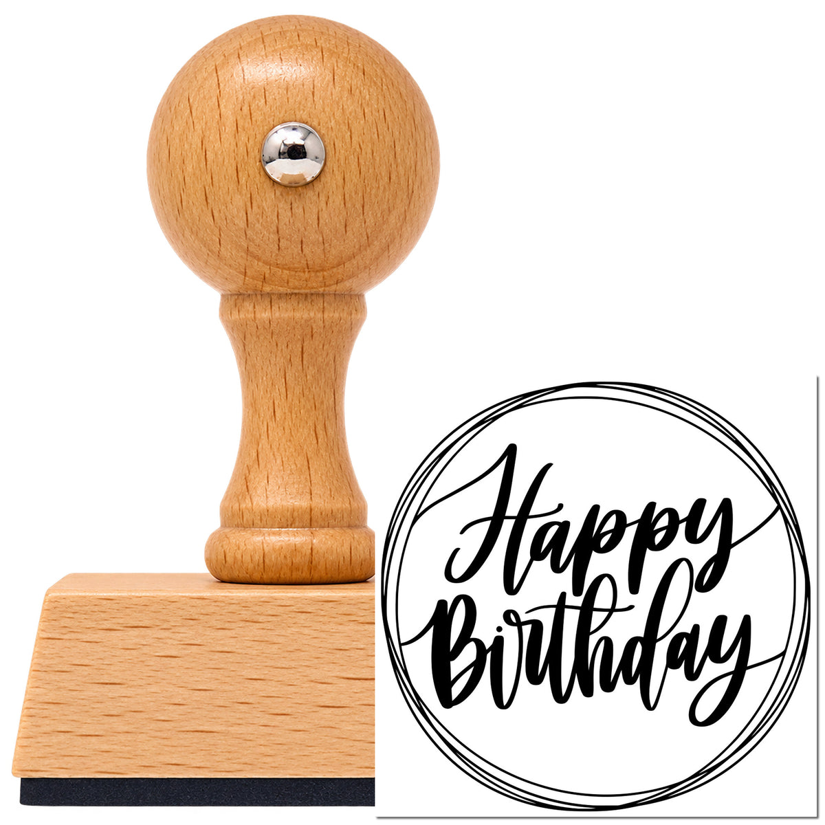 Vintage Pro beech wood stamp with a round knob handle, shown with its black Happy Birthday Circular Frame imprint on white.