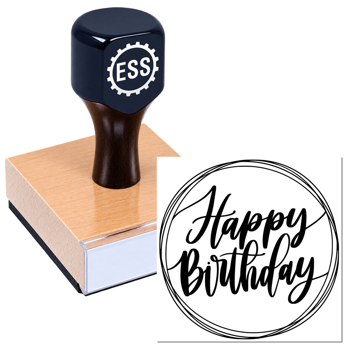 Custom navy rubber stamp on wooden base with ESS logo and black circular Happy Birthday seal design