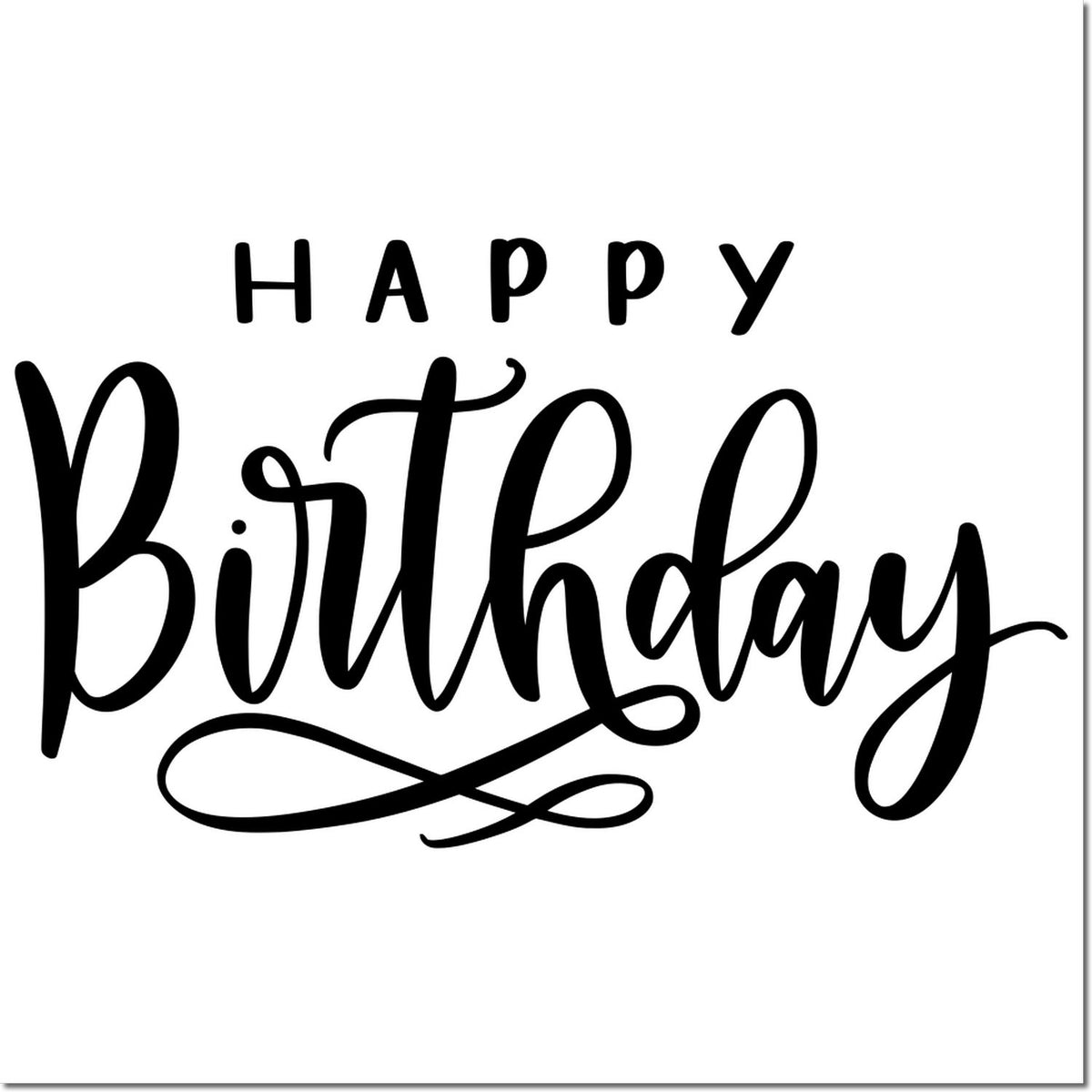 Black Happy Birthday calligraphy stamp design in bold black on a white background with decorative flourish seal.